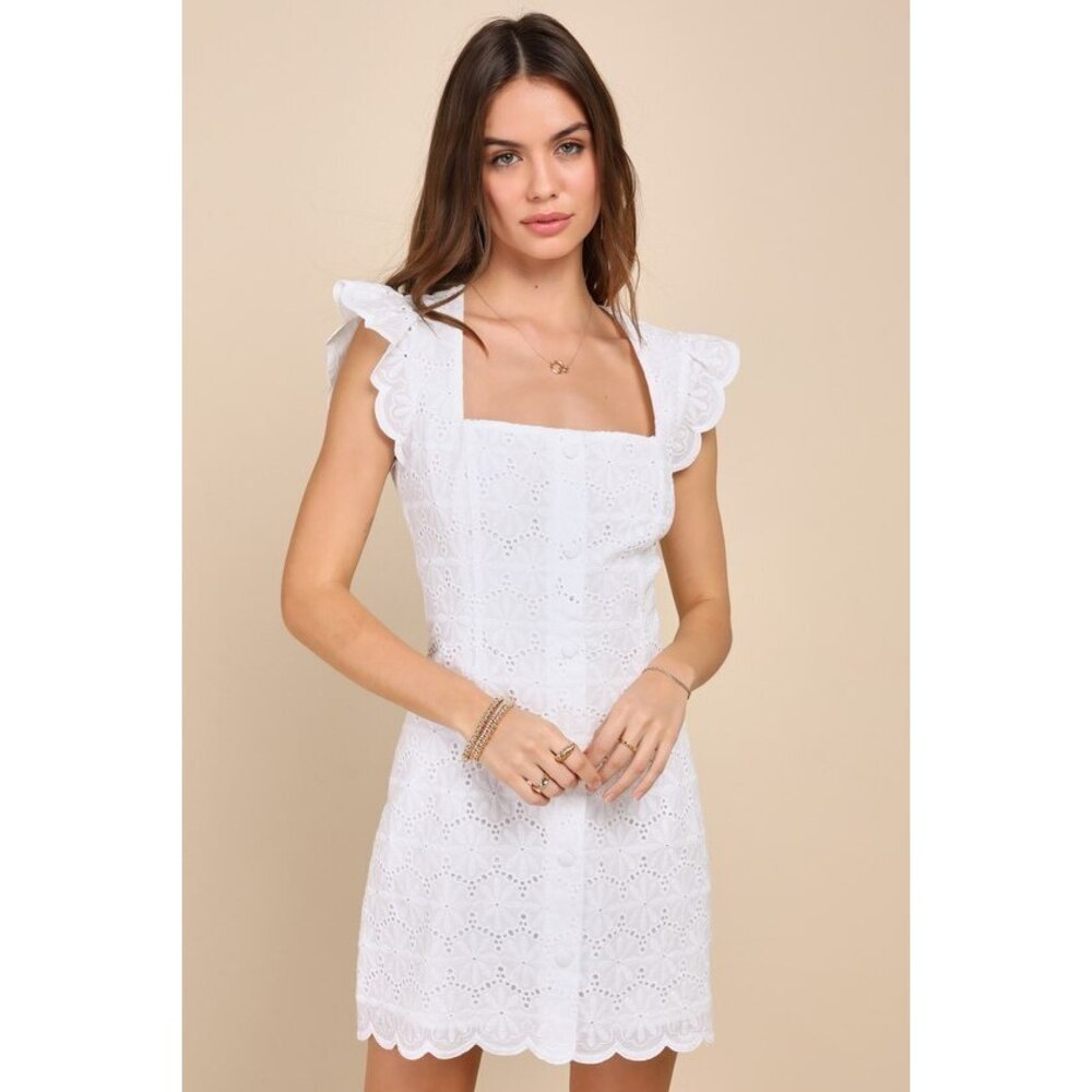 Lulus Precious Disposition White Embroidered Button-up Mini Dress - Size S